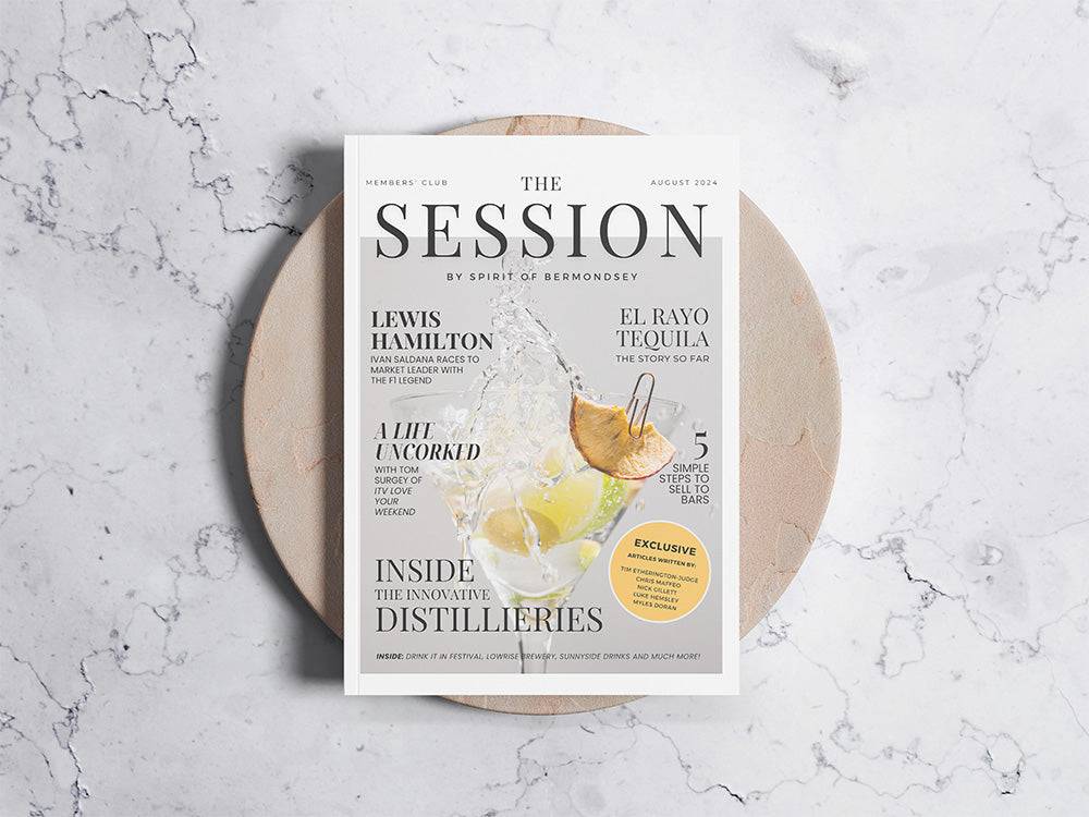 The Session Magazine 6th Edition (Digital) cover featuring exclusive interviews, tequila insights, and distillery innovations. Free download available.
