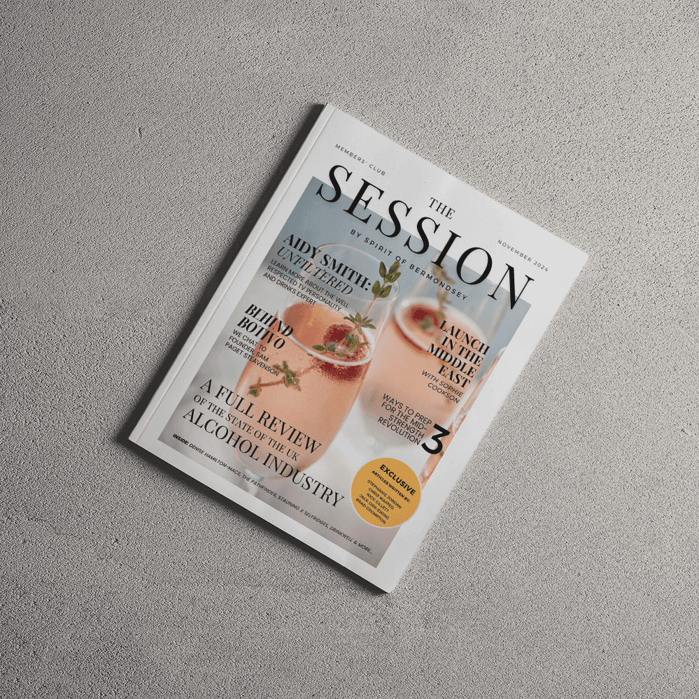 The Session Magazine 7th Edition (Digital) cover featuring cocktails and exclusive industry insights. Free download for expert interviews and reviews.