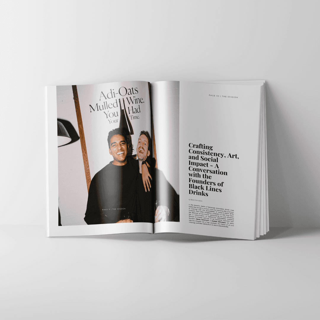 Open spread of The Session Magazine 4th Edition (Digital) showcasing an interview with Black Lines Drinks founders. Download for exclusive content.