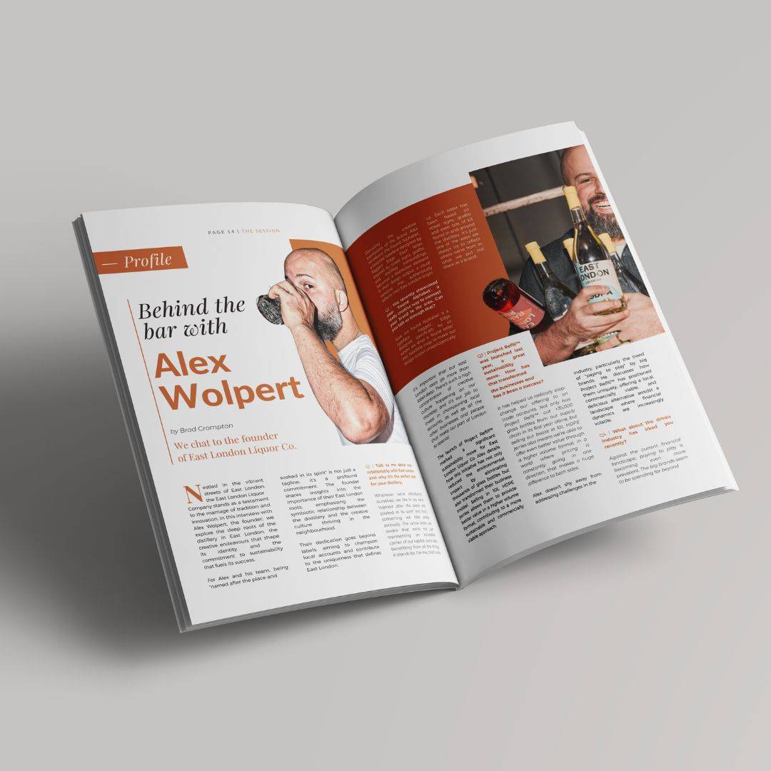 Inside pages of The Session Magazine 4th Edition (Digital) featuring an interview with Alex Wolpert of East London Liquor Co. Free download available.