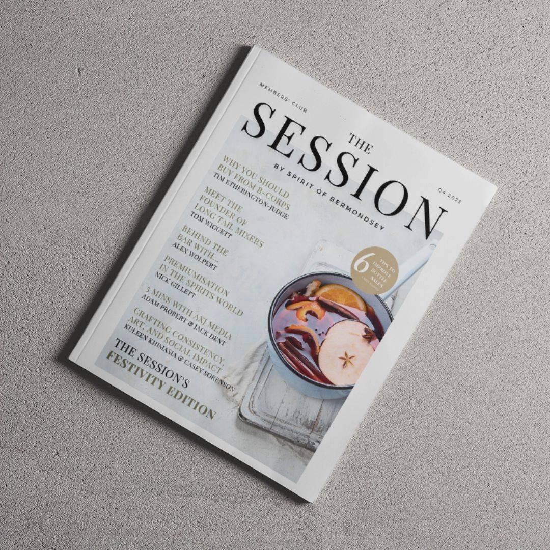 The Session Magazine 4th Edition (Digital) cover featuring a festive cocktail on a textured surface. Free download for exclusive industry insights.